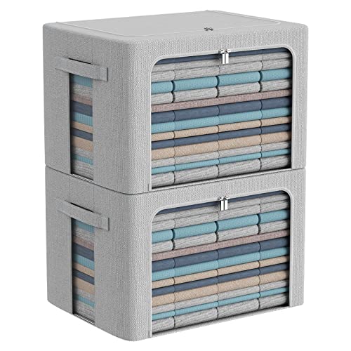 CYhom 2Pack Extra Large Clothes Storage Bins Box - Linen Fabric Foldable Stackable Container Organizer Set with Clear Window & Carry Handles & Metal Frame (Light Grey, Extra Large-100L) - color: Light Grey, size: Extra Large-100L