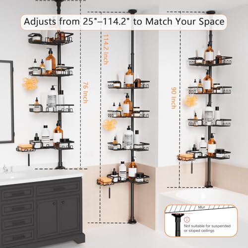 KEGII Shower Caddy Tension Pole – 4-Tier Adjustable Corner Bathroom Organizer Shelves with 2 Soap Holders, Hooks, Floor to Ceiling Storage Rack for Families & Renters, 25-114.2 Inch - style: Tension Caddy with Soap Holder（Black）