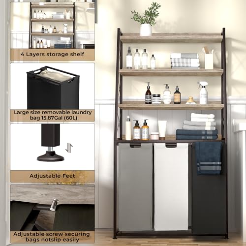 Herture Laundry Basket, 3 Section Laundry Hamper with 4 Tiers Shelf, Pull-Out and Removable Laundry Bags, Large 3 x 15.87 Gallons, for Laundry Room Bathroom Greige PF05XLZ - color: Greige + 3-Color, size: 3 Bags-180 L