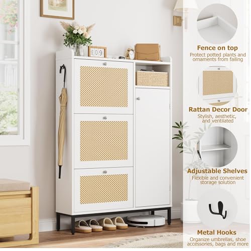 GarveeHome Shoe Cabinet Rattan with 3 Flip Drawers and 4-Tier Shoe Storage Cabinet, Freestanding Shoe Organizer with Adjustable Shelves for Entryway, Closet, Hallway (White) - color: White, size: 3-Drawers + 1-Door