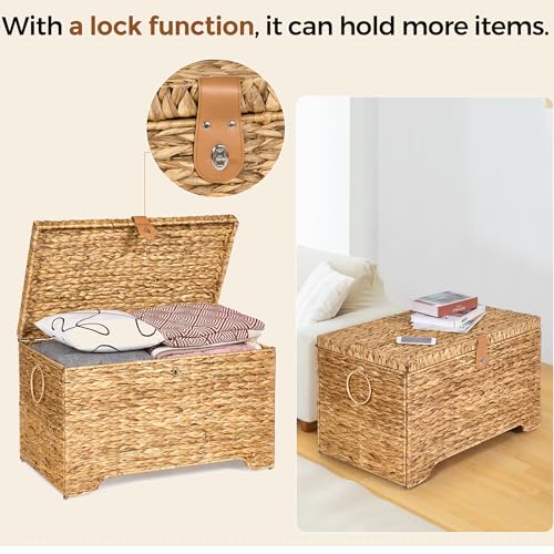 Handwoven Storage Basket with Lid, 165L Wicker Storage Bin, Natural Water Hyacinth, Leather Buckle & Metal Frame, Metal Ring Handles for Easy Transport, Storage Chest & Trunk for Bedroom, Living Room - color: Natural Water Hyacinth, size: 165L-Flat Lid