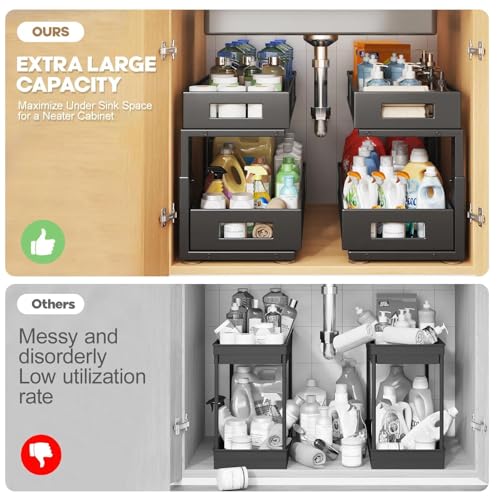 2 Packs 21IN Depth Under Sink Organizer, 2-Tier Pull Out Cabinet Organizer With Smooth Circular Rail, Large Capacity Metal Mesh Sliding Drawers For Bathroom& Kitchen Storage,Height Adjustable-Black - color: Black, size: 2 Pack-21"Dx11.6"-16.7" H