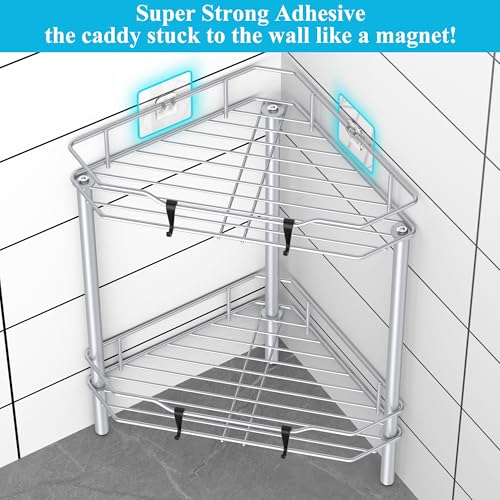 HuggieGems 2 Tier Floor Standing Corner Shower Caddy Organizer Shelf with Hooks, Bathroom Shelves Stand Rack, Silver - color: Silver, size: 2 Tier