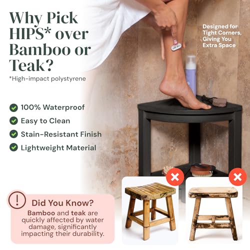 ROHKEX HDPE Corner Shower Stool - Black - Shaving Seat & Shower Stool for Shaving Legs - Non-Slip Feet & Waterproof Bench - Space-Saving Storage & Corner Bench, Home Decor Gifts Idea - color: Black