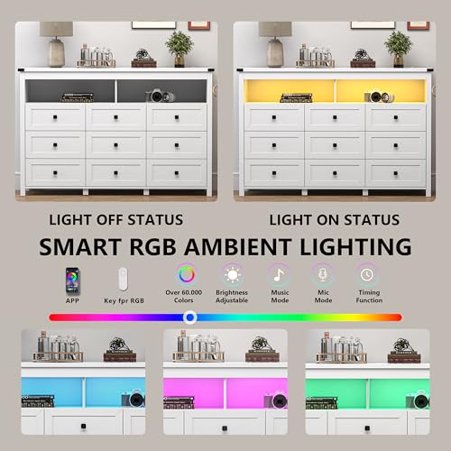 Dresser for Bedroom with 9 Drawers, Wide Modern Chest of Drawers with LED Light and Power Outlet, Wooden Closet Organizer Clothes Storage Cabinet, Double Dressers for Living Room, Hallway, White - color: White, size: 15.8"D x 59.1"W x 39.4"H (9 Drawers)