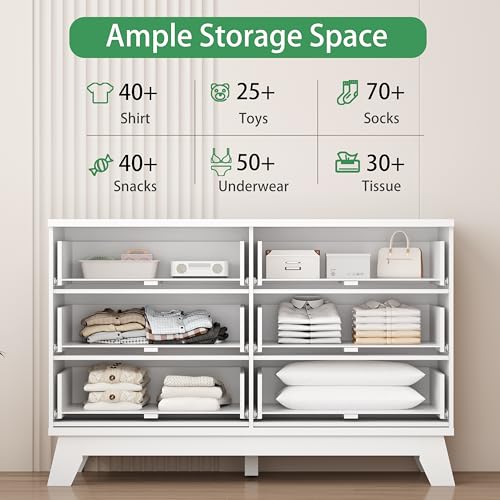 Fluted Dresser for Bedroom with 6 Drawers, 48" Wide Modern Chest of Drawers with Metal Handle, Wooden Dresser TV Stand, Wood Closet Clothes Storage Drawer Organizer for Living Room, Hallway, White - color: White, size: 15.6"D x 47.2"W x 30.5"H (6 Drawers)