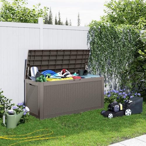 120 Gallon Outdoor Deck Box, Lockable Waterproof Outdoor Storage Boxes For Garden Tools,Indoor Cushions,Accessories Outside Storage Resin Weatherproof Container(Grey) - color: Grey, size: 120 Gallon