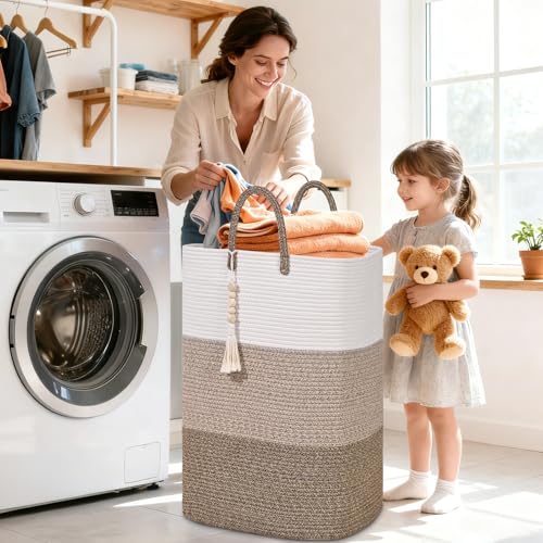Woven Laundry Basket for Clothes,65 L Large Rectangle Laundry Hampers with Beads Tassel, Nursery Storage Basket for Toys, Tall Dirty Clothes Hamper for Bedroom Aesthetic, Laundry Room Organization - color: Gradient Brown, size: 65L