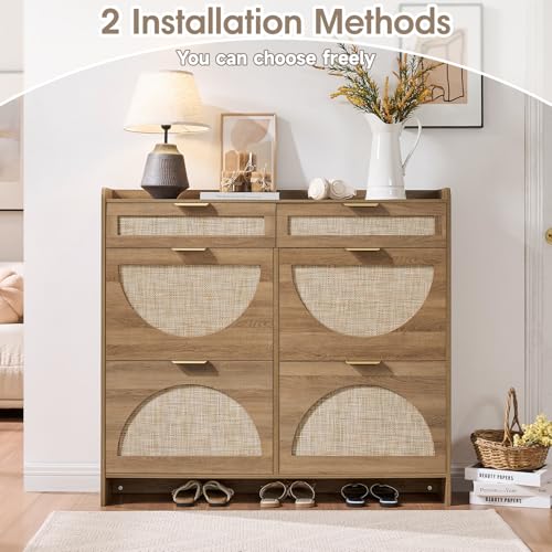 Rattan Shoe Storage Cabinet with 4 Flip Drawers & 2 Drawers, Freestanding Organizer for Front Door Entrance, Hidden Narrow Shoe Rack Cabinet Storage for Entryway, Rustic Oak Rattan - style: 4-Drawers