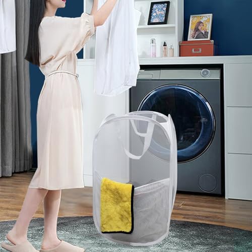 Pop Up Laundry Hamper, Reinforced Mesh Laundry Basket with Handles, Collapsible Clother Hamper with Side Pocket for Home, College Dorm, Travel - White Vertical Storage Basket - color: White