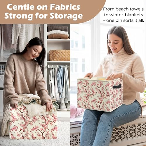Pink Cherry Blossom Floral Storage Bin Box with Handles, Oriental Aesthetic Cherry Flower Foldable Linen Fabric Laundry Basket for Home Bedroom Bathroom Clothes Toys Books - color: Floral-E
