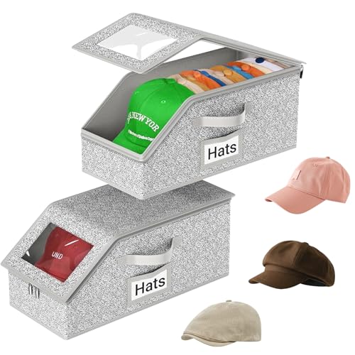 2 PCS Stackable Hat Organizer for Baseball Caps, Clear Window Dustproof Storage Boxes with Cardboard, Holds Up to 30 Caps, Sturdy Closet Hat Storage for Men & Women (Grey)
