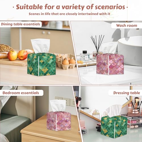 2 Pcs Tissue Box Cover Square,Mermaid Scale Tissue Box Holder Leather Facial Paper Organizer Dispenser for Bathroom Kitchen Bedroom Night Stand Office Desk - color: Mermaid Scale