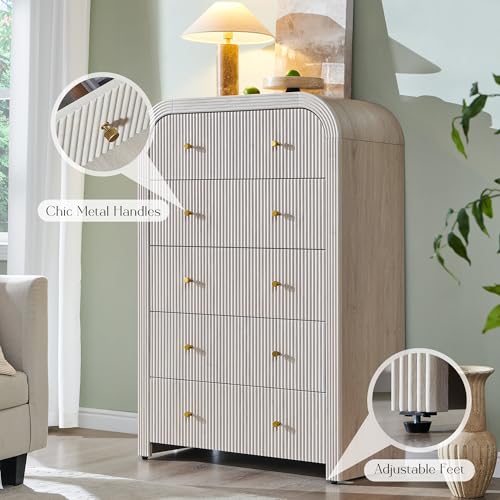 T4TREAM Fluted Dresser with 5 Drawers, 48" Tall Modern Chest of Drawers with Thickened Curved Profile Design, Wood Closet Clothes Storage Organizer for Bedroom, Living Room, Hallway, Alder White - color: Alder White, size: 15.7"D x 31.5"W x 47.6"H (5 Draw