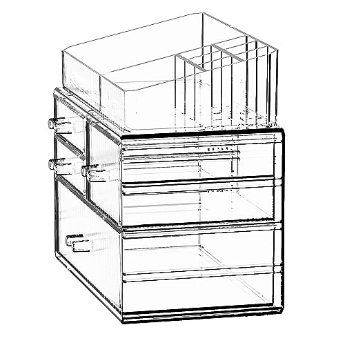 ZHIAI Stackable Storage Drawer, Acrylic Organizer, Cosmetic Organizer for Dresser, Vanity, Kitchen Cabinet, Bathroom, Under Sink, Home Organization and Storage (1 Top 3 Drawers) - color: (1 Base, 3 Drawers) with Top