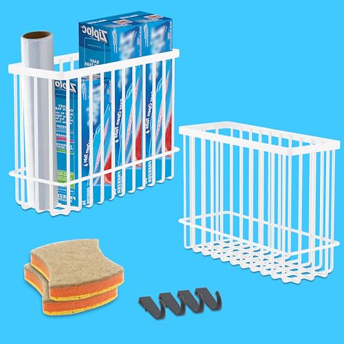 2 Pack Cabinet Organizer Storage, Over Cabinet Door Organizer with 2 Adhesive, 2 Sponges, 4 Hooks, No Drilling Space Saver Lid Organizers Inside Cabinet for Kitchen Office Bedroom (Small, Medium) - color: White,(Small+Medium)