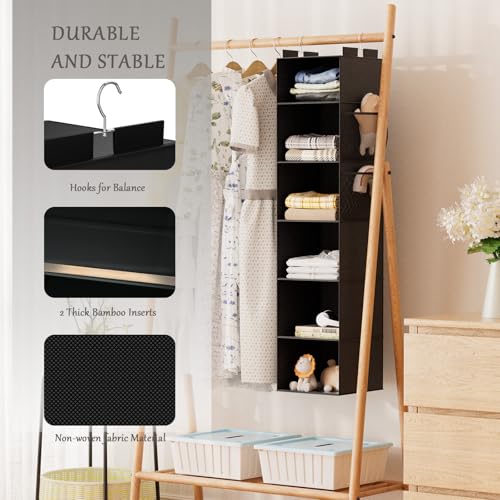 VERONLY Hanging Closet Organizer and Storage with Bamboo Support, 6-Shelf Closet Hanging Storage Shelves, Closet Organizers Easy Mount Foldable for Bedroom(Black) - color: Black