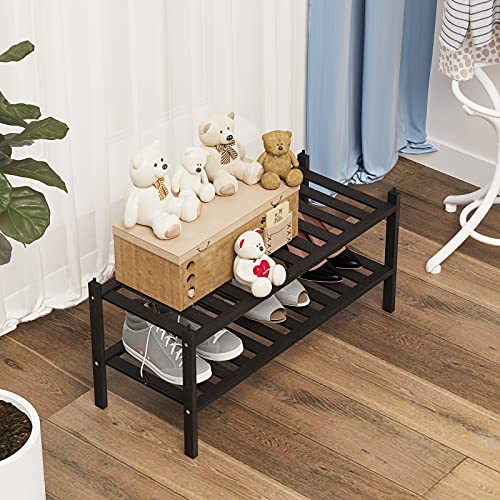 Dranixly Shoe Rack, 2-Tier Bamboo Stackable Shelf Storage Organizer, Stand for Closet, Entryway and Hallway （Black） - color: Black, size: 2-Tier