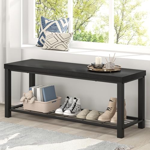 EXCEFUR Entryway Bench, Modern Wood and Metal Storage Bench for Hallway Front Door Entrance, Industrial Indoor Shoe Rack Bench Seat for Bedroom Living Room, 43.3 Inch Black - color: Black, size: 2-Tier