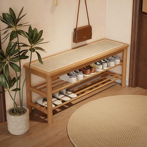 Bamboo Entryway Bench with Woven Rattan Seat, 2-Tier Shoe Storage Bench for Hallway & Entryway 39.4 inches Nature - color: Nature, size: 39.4 inch