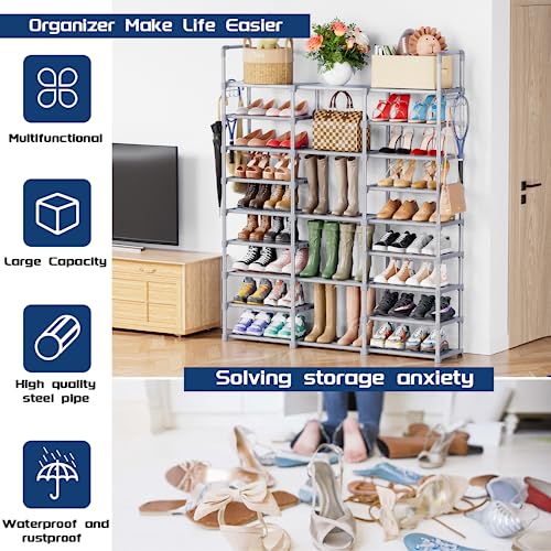 Mavivegue 9 Tiers Tall Shoe Organizer - Vertical Shoe Shelf for 50-55 Pairs, Stackable Racks for Entryway, Closet, Garage - Grey - color: Grey, size: 3 Row 9 Tier