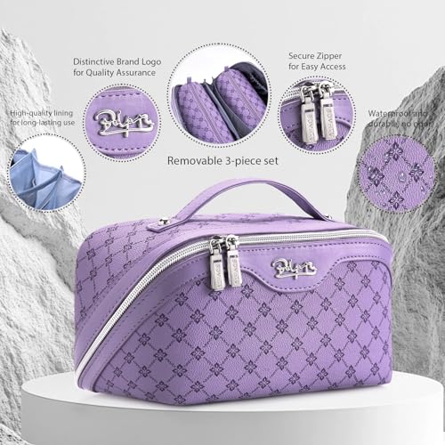 BOYATU Travel Makeup Bag Cosmetic Bags for Women: 3 Pcs Set Large Capacity Make up Bag with Handle - Vegan Leather Toiletry Bags with Compartments - Makeup Organizer for Travel Essentials(A-9-Purple) - color: A-9-Purple