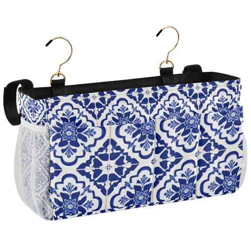 Bedside Caddy Hanging Bunk Bed Caddy Bed Organizer Hanging Pocket with 2 Hooks Bedside Storage Organizer Pocket Bag Holder Floral Blue and White Geometric - color: Floral Blue and White Geometric