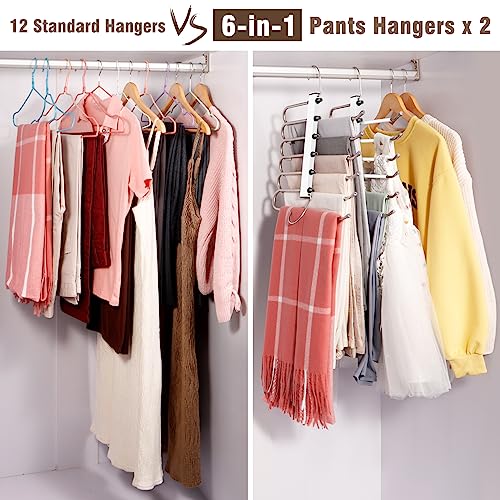 HUITEM Space Saving 6 Tier Pant Hangers, Anti-Slip, Lightweight, Stainless Steel, 2 Pack, White - color: White, size: 2 Pack