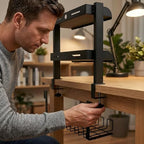 Clamp On Desk Shelf, 17'' 2-Tier Desktop Organizer Shelf with Under-Desk Hidden Storage Basket, Heavy-Duty Desk Shelves for Top of Desk, Space-Saving Desk Storage for Home Office Gaming Setup (Black)
