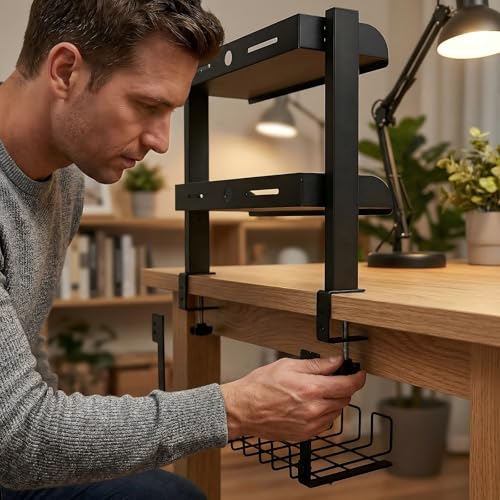 Clamp On Desk Shelf, 17'' 2-Tier Desktop Organizer Shelf with Under-Desk Hidden Storage Basket, Heavy-Duty Desk Shelves for Top of Desk, Space-Saving Desk Storage for Home Office Gaming Setup (Black)