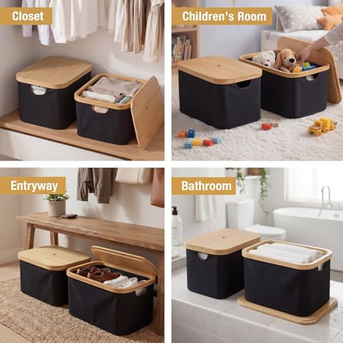 Novabright 2 Pcs Collapsible Storage Basket with Bamboo Lids 15" x 10" Foldable Fabric Storage Bins with Handles for Organizing Shelves Closet Laundry Room Bathroom Clothes Towel(Black) - color: Black