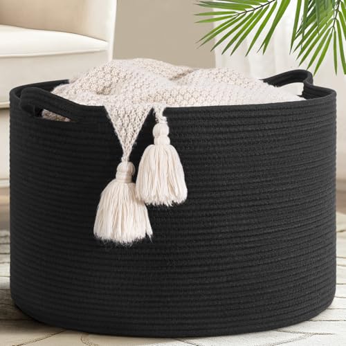 Goodpick Blanket Basket 19.7'' x 12.6'', Woven Storage Baskets, Cotton Rope Toy Storage for Kids, Home Decor for Living Room, 65L Black - color: Black, size: 19.7x19.7x12.6 Inch (Pack of 1)