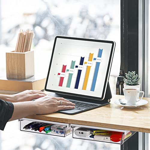 SOUJOY 3 Pack Under Desk Drawer, Self-Adhesive Slide Out Organizer Tray, Plastic Stick On Table Hidden Attachable Drawer Tray for Office Home School Kitchen