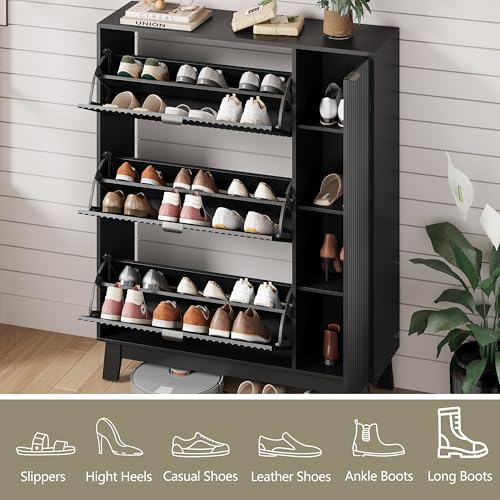 Shoe Cabinet Storage for Entryway with 3 Flip Drawers & Side Cabinet, Fluted Narrow Shoe Organizer with Wooden Leg, Freestanding Shoe Storage Hidden Shoe Rack Organizer for Front Door Entrance, Black - color: Black, size: 3 Drawer with Door