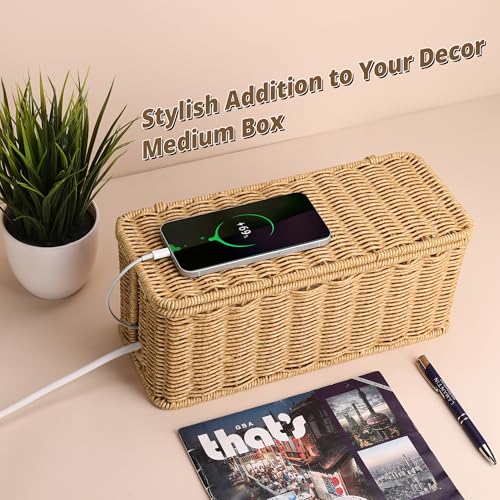 Handmade Cable Management Box Brown, Imitation Rattan Cord Organizer Cord Hider Box, Cable Organizer Box for Desk, Cord Management Box to Hide Cords and Power Strip L12.5'' W5'' H5.2'' - color: Brown, size: 1 Pack (M)