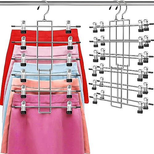 Pants Hangers with Clips,Space Saving Hanging Closet Organizer-6 Tiers Skirt Hangers with 360° Swivel Hook,Closet Organizer-Clothes Hangers- College Dorm Essentials Apartment Essentials-2 Pack - size: 2 pack