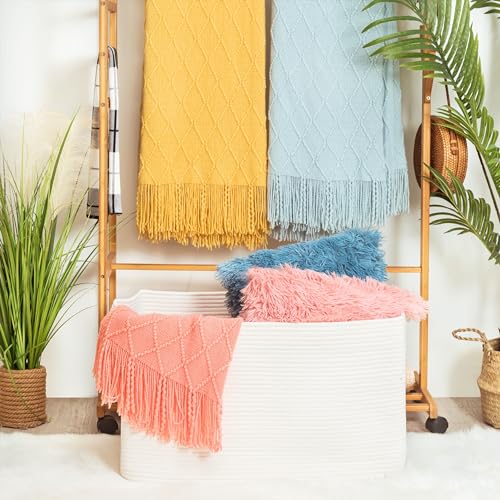 MINTWOOD Design 22in Extra Large Blanket Basket Holder Living Room, Rectangle Rope Woven Storage Basket with Handles for Laundry, Pool Towels, and Shoes, Dog Toy Organizer Bin Box, Creamy White - color: Creamy White