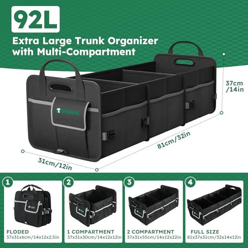 112L Large Capacity Car Trunk Organizer with 20L Insulated Fresh-Keeping Bag, Heavy-Duty 600D Waterproof Oxford Collapsible Storage for SUV, Sedan, Truck, 2 Securing Hooks & Reflective Strips - size: 112l (With Insulated Cooler)