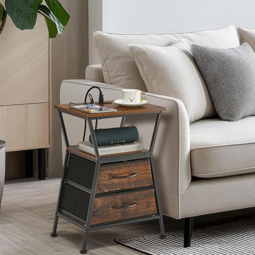 Nightstand with Charging Station, Side Tables for Bedroom with Built-in USB Side Table with 2 USB Ports and Outlets Nightstand with Cloth Drawer End Tables Living Room Sofa Couch - color: Rustic Brown With Socket
