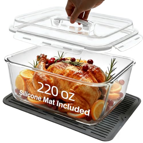 220oz/6500ml/28cup Extra Large Glass Storage Containers with Airtight Lid - Borosilicate Large Glass Food Storage for Rotisserie Chicken, Turkey - XL Big Glass Soup Bowls Freezer to Oven Safe - color: White handle