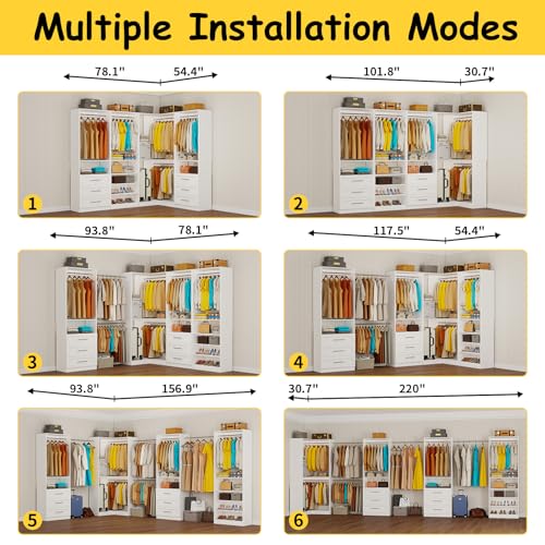 Closet System with 6 Drawers, Corner Closet Organizer System with 9 Rods & Shelves Walk in Wooden Modular Closet Storage System L-Shaped U -Shaped Freestanding 4 Sets, 2500+ Lbs Capacity White - color: Cl07090910