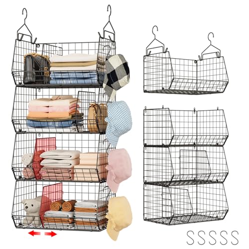 4 Tier Hanging Closet Organizer with Dividers,Extra Large Storage Hanging Shelf with 5 S Hooks 4 Dividers,Hang on wire closet shelving Clothes Organizer-Black - color: Black, size: 4-Tier
