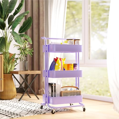 3 Tier Rolling Storage Cart, Metal Rolling Utility Cart with Wheels, Multifunctional Sturdy Organizer for Snack Cart, Craft Art Supplies, Kitchen, Bathroom, Office, Nursery Diaper - color: Purple