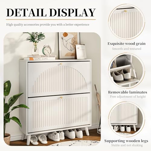 Fsbecl Shoe Storage Cabinet for Entryway with 2 Flip Drawers, Narrow Wood Shoe Cabinet with Fluted Panel, Freestanding Hidden Shoe Organizer for Foyer, Hallway (White - with Shelf) - color: White - With Shelf