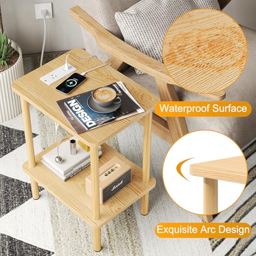 Apicizon 2 Tier End Table, Small Side Table with Charging Station, Boho Bedside Table with USB Ports and Outlets, Nightstand for Small Spaces, Bedroom, Living Room, Entryway, Easy Assembly, Natural - color: Natural, size: 1 Set, style: 2 Tier with Plug