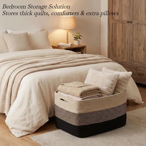 Optish 95L Large Blanket Basket, Woven Storage Baskets with Reinforced Handles, Rope Laundry Basket for Living Room, Bedroom, Nursery, Toys, Clothes,Pillows, 24” x 17” x 13.5”, Black & Brown - color: Black & Brown, size: 24" x 17" x 13.5"(95L)