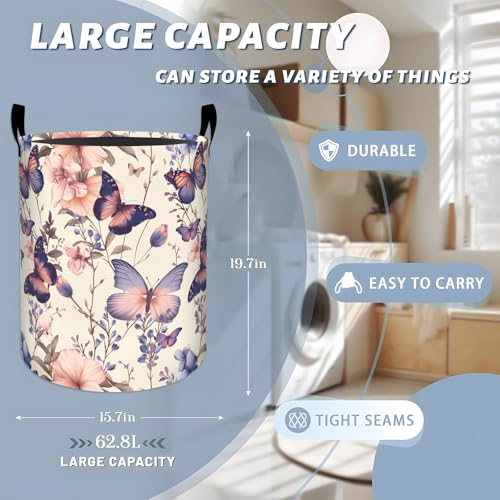Elegant Butterfly and Pink Flowers Laundry Basket with Handles, 19.7"x15.7" Clothes Foldable Laundry Hamper Organizer for Dorm Nursery Bedroom Bathroom Decor, Toy Storage Bin for Kids - style: Butterfly05
