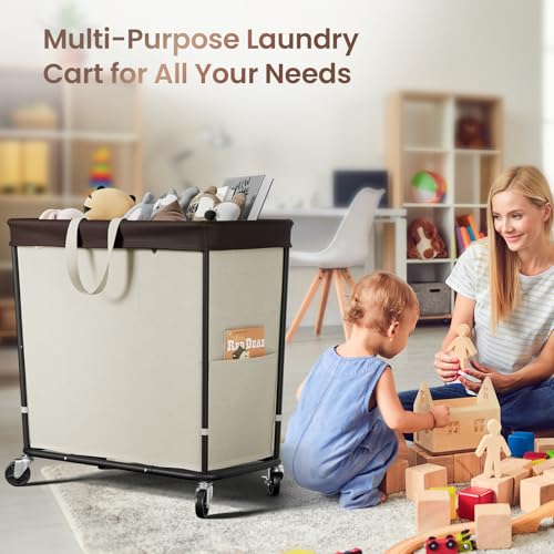 320L Laundry Basket with Wheels, 3-Section Rolling Hamper for Laundry, Extra Large Laundry Hamper with Wheels, Clothes Hamper Rolling Laundry Basket for Home, Bathrooms and Dorm(Beige) - color: Beige-3 Section, size: 320L
