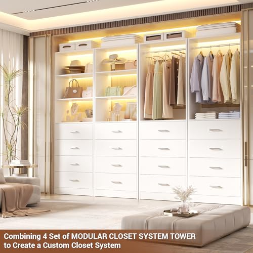 Aheaplus Closet Drawers Organizer System, 21.3" Wood Closet System with 4 Drawers, Modular Walk-in Closets Storage Unit, Tall Bookshelf Storage Cabinet, White22 - color: White