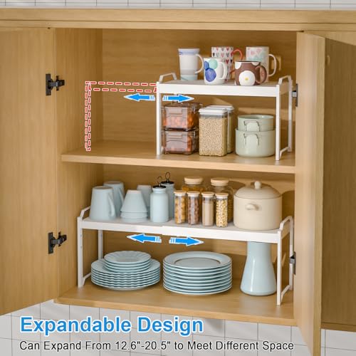 Set of 2 Expandable Kitchen Cabinet Shelves Organizers, Stackable Adjustable Small Storage Shelf Rack Stand For Pantry Cabinet Cupboard Kitchen Counter Organization, 22 lbs Capacity, Length:20.5" - color: White, size: 2 Pack: 12.6"-20.5"L